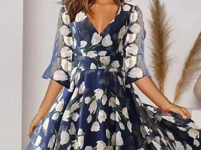 Spring Summer Women's Clothing New Casual V-neck Half Sleeve Floral Flower Dress