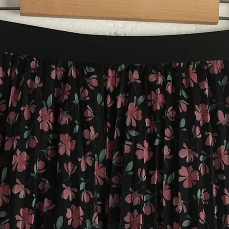 Spring Summer Women Skirt Floral Printed Mesh Waist Elastic Band Pleated Mid-Calf Skirts for Woman Vintage Beach Boho Jupes Saia