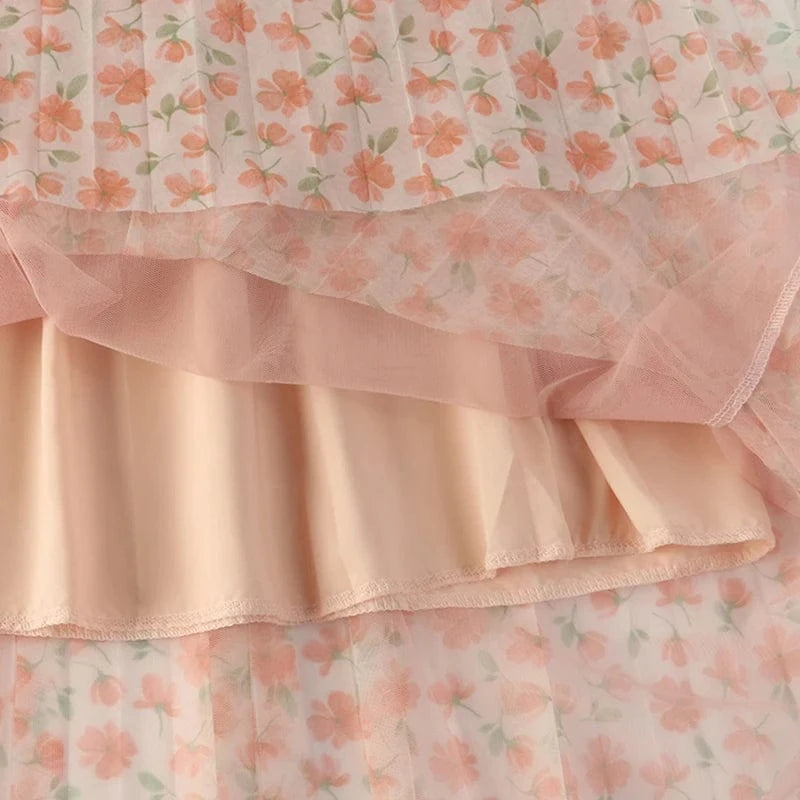 Spring Summer Women Skirt Floral Printed Mesh Waist Elastic Band Pleated Mid-Calf Skirts for Woman Vintage Beach Boho Jupes Saia