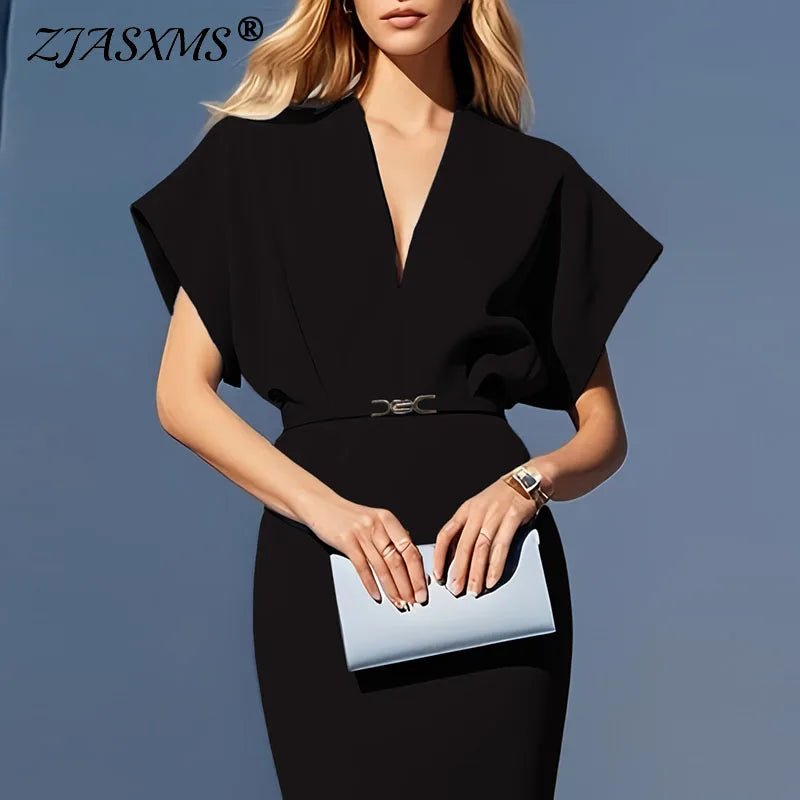 Spring V Neck High Waist Slim Party Dress Elegant Solid Lace - up Bodycon Office Dress Summer Short Sleeve Back Slit Woman Dresses - SN Wigs & More