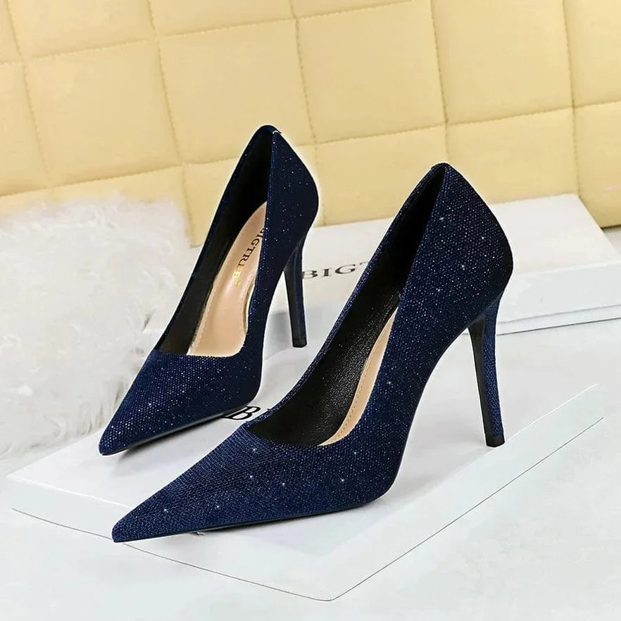 Spring Women Stilettos Luxury Shiny Suede Solid Color Mujer Zapatos Pointed-toe Large Size High Heels Pumps Ladies Banquet Shoes