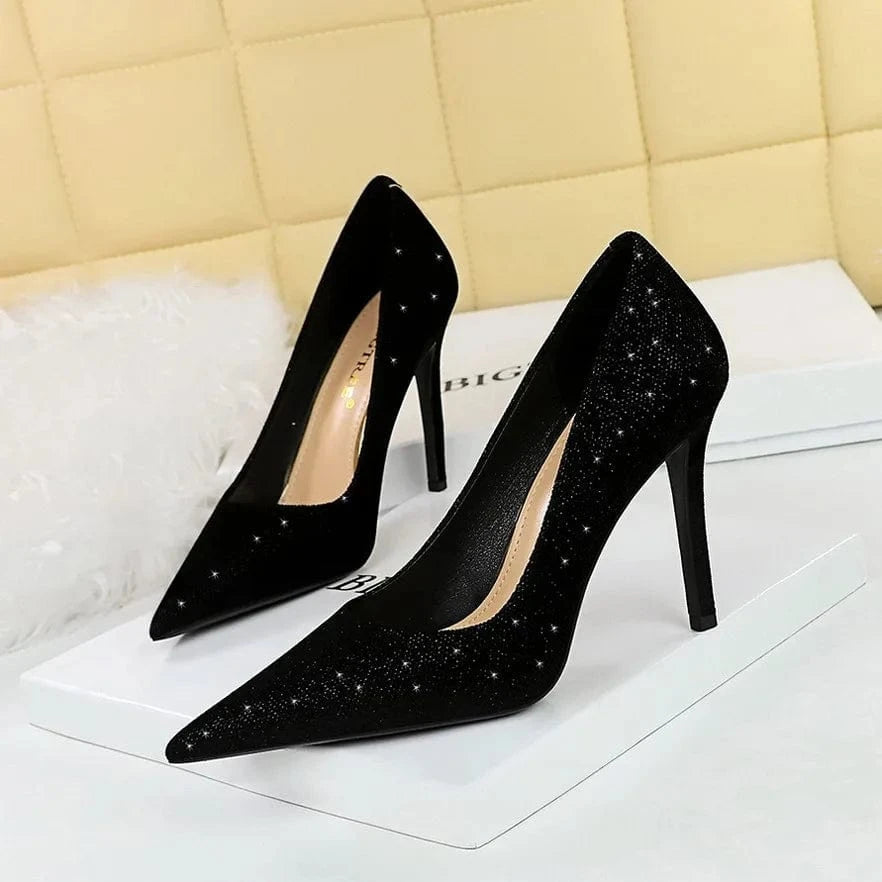 Spring Women Stilettos Luxury Shiny Suede Solid Color Mujer Zapatos Pointed-toe Large Size High Heels Pumps Ladies Banquet Shoes