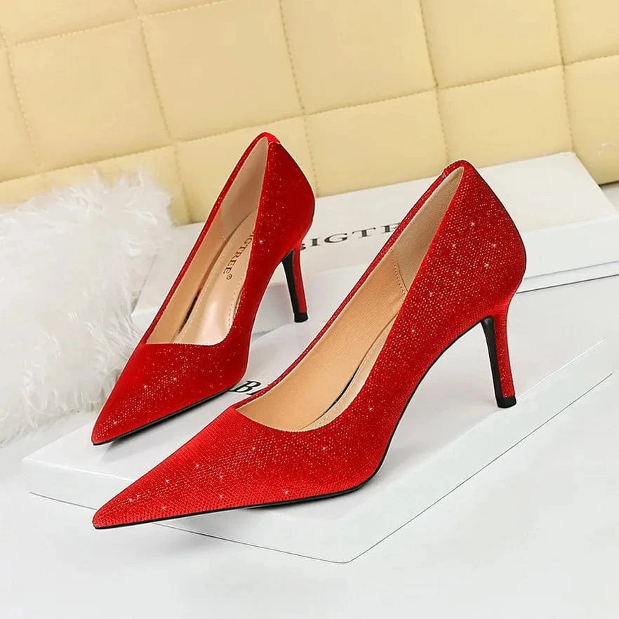Spring Women Stilettos Luxury Shiny Suede Solid Color Mujer Zapatos Pointed-toe Large Size High Heels Pumps Ladies Banquet Shoes