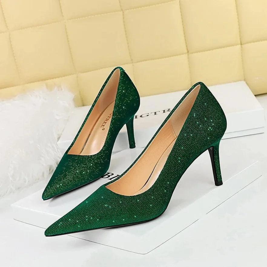 Spring Women Stilettos Luxury Shiny Suede Solid Color Mujer Zapatos Pointed-toe Large Size High Heels Pumps Ladies Banquet Shoes