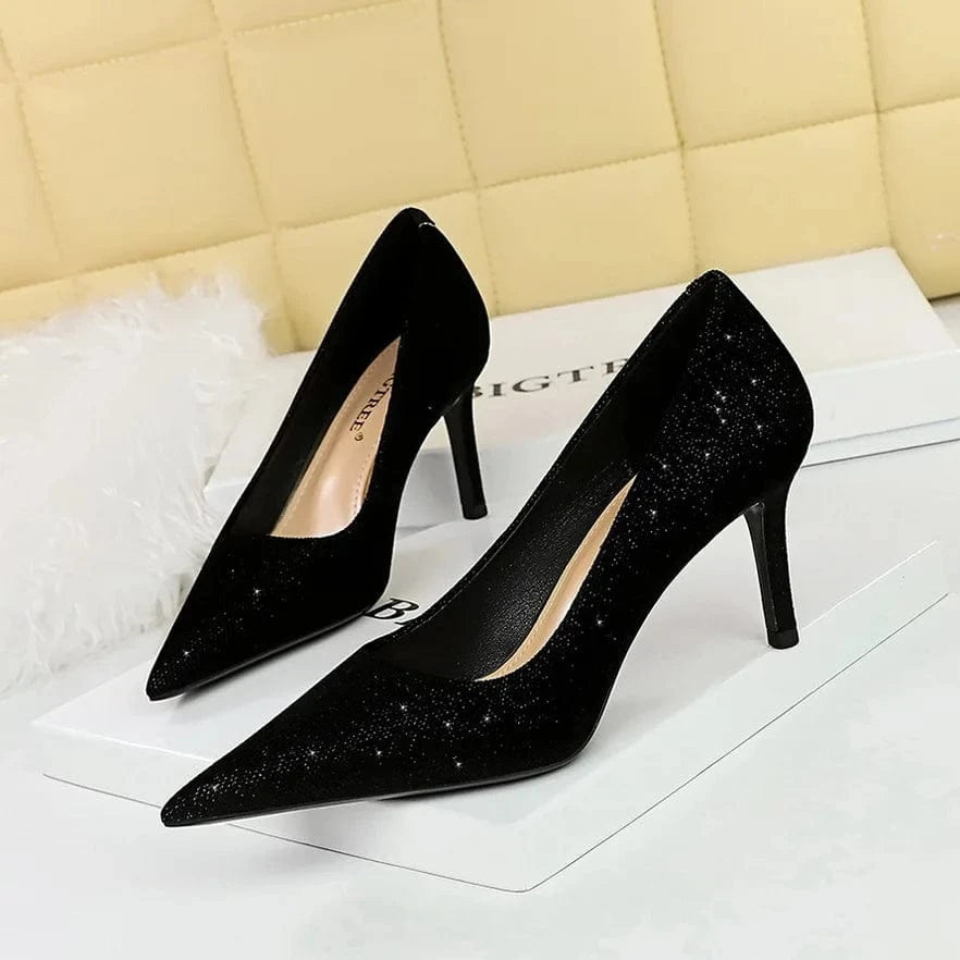 Spring Women Stilettos Luxury Shiny Suede Solid Color Mujer Zapatos Pointed-toe Large Size High Heels Pumps Ladies Banquet Shoes