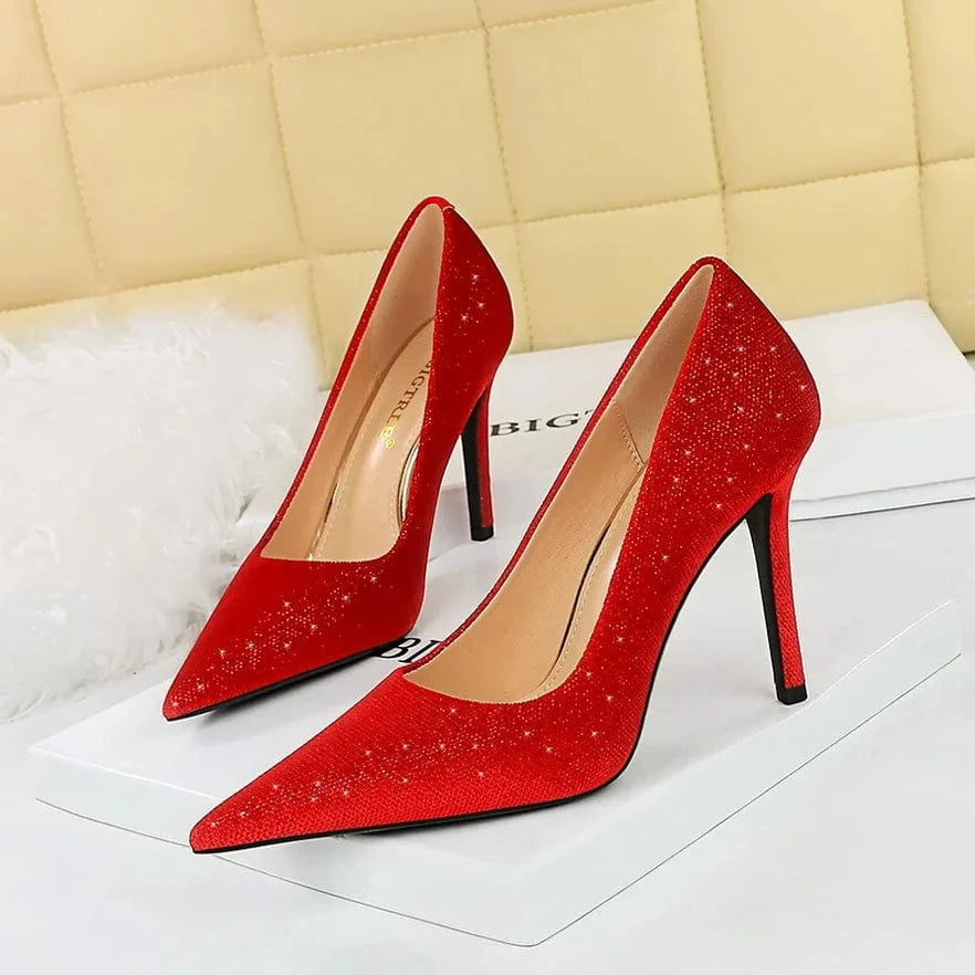 Spring Women Stilettos Luxury Shiny Suede Solid Color Mujer Zapatos Pointed-toe Large Size High Heels Pumps Ladies Banquet Shoes
