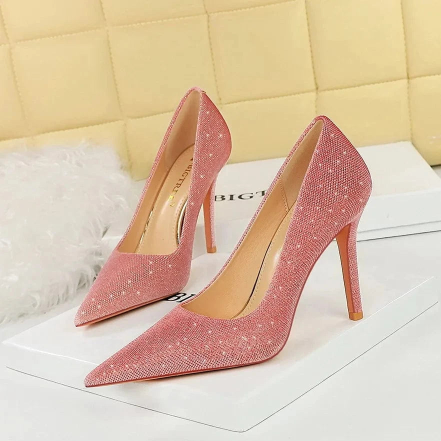 Spring Women Stilettos Luxury Shiny Suede Solid Color Mujer Zapatos Pointed-toe Large Size High Heels Pumps Ladies Banquet Shoes