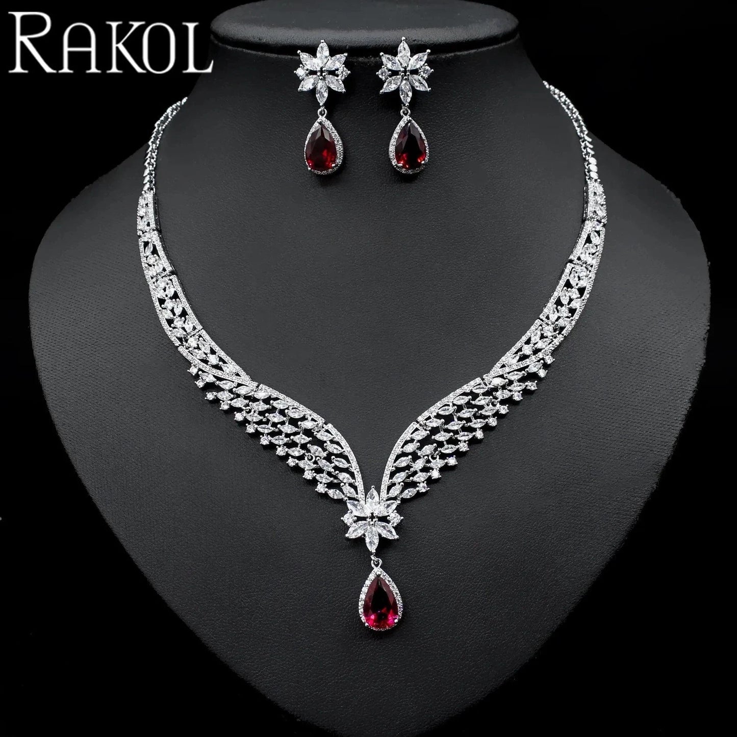 SPSL85-Red RAKOL SPA061 sterling silver jewelry sets dubai luxury indian wedding bridals cubic zirconia fashion jewelry sets jewellery