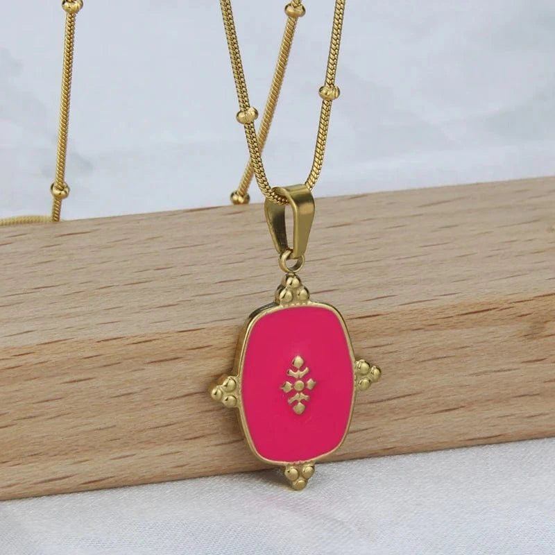 square / 02 Fashion New In Custom Candy Color Stainless Steel Jewelry Set 18k Gold Plated Waterproof Pendant Necklace Earrings For Women