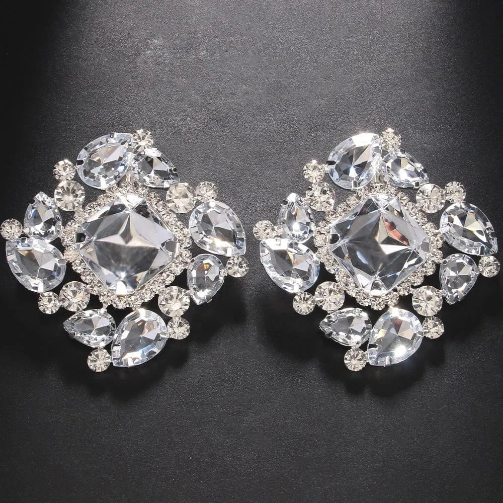 Square Crystal Ear Clips Earrings Statement Exaggerated Rhinestone Earrings Clip No Pierced Jewelry