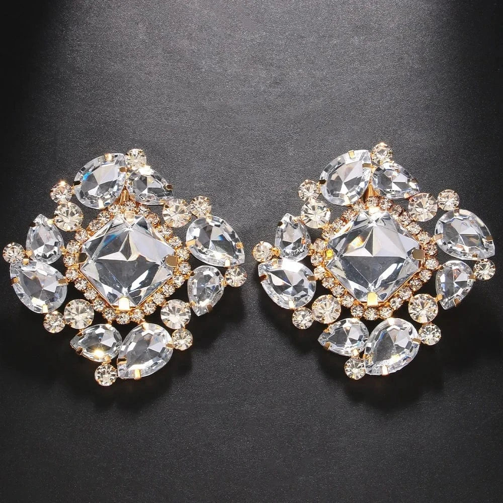 Square Crystal Ear Clips Earrings Statement Exaggerated Rhinestone Earrings Clip No Pierced Jewelry