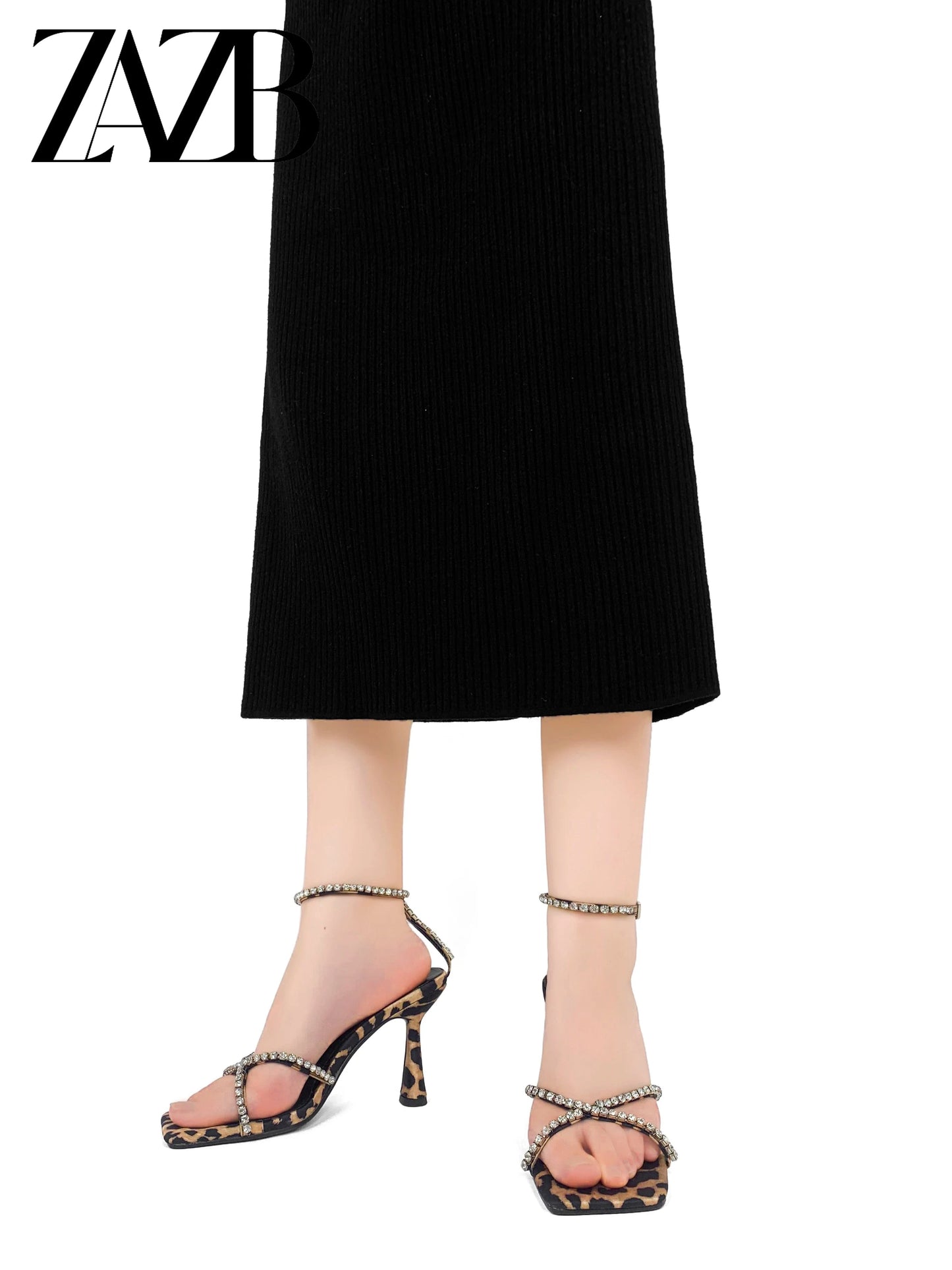 Square head Rhinestone Leopard Print Luxury for ladies high heel shoes women sandal party Pumps sexy stiletto fashion heels