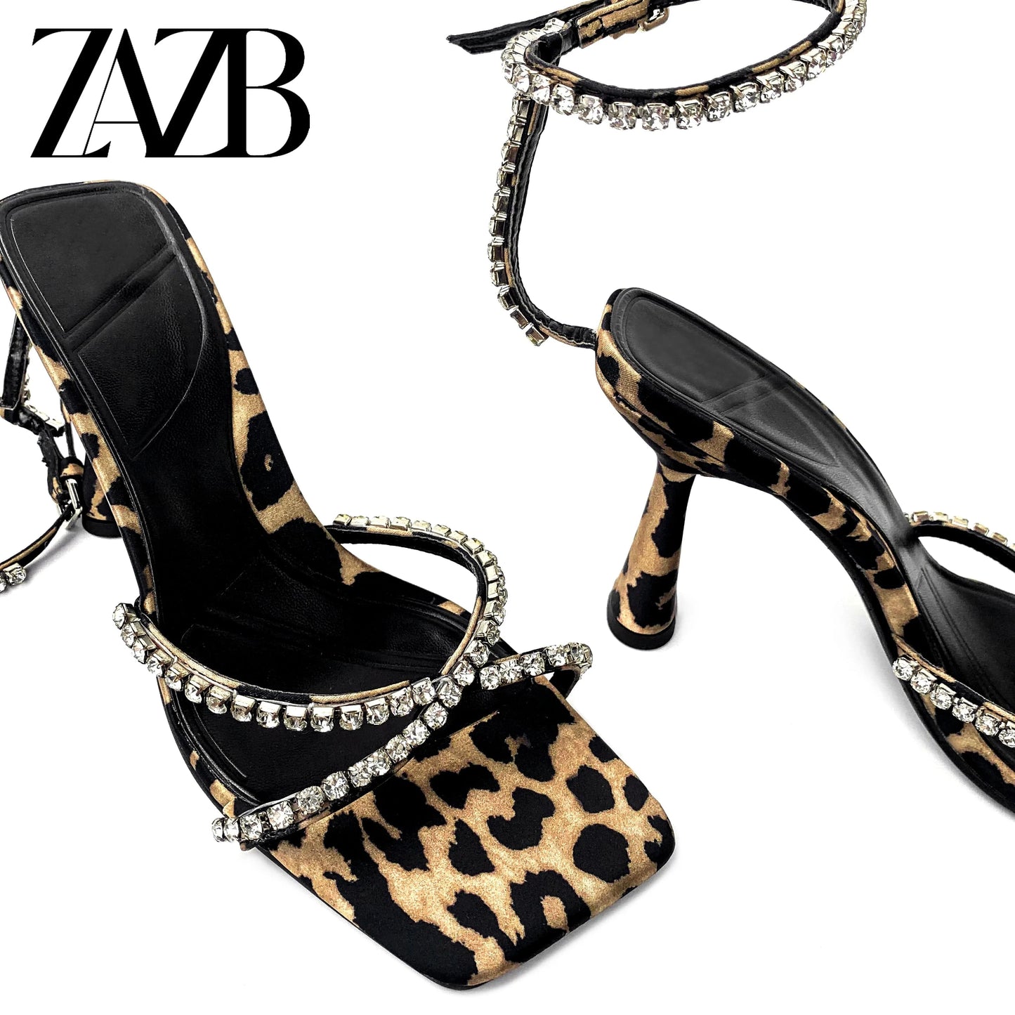 Square head Rhinestone Leopard Print Luxury for ladies high heel shoes women sandal party Pumps sexy stiletto fashion heels