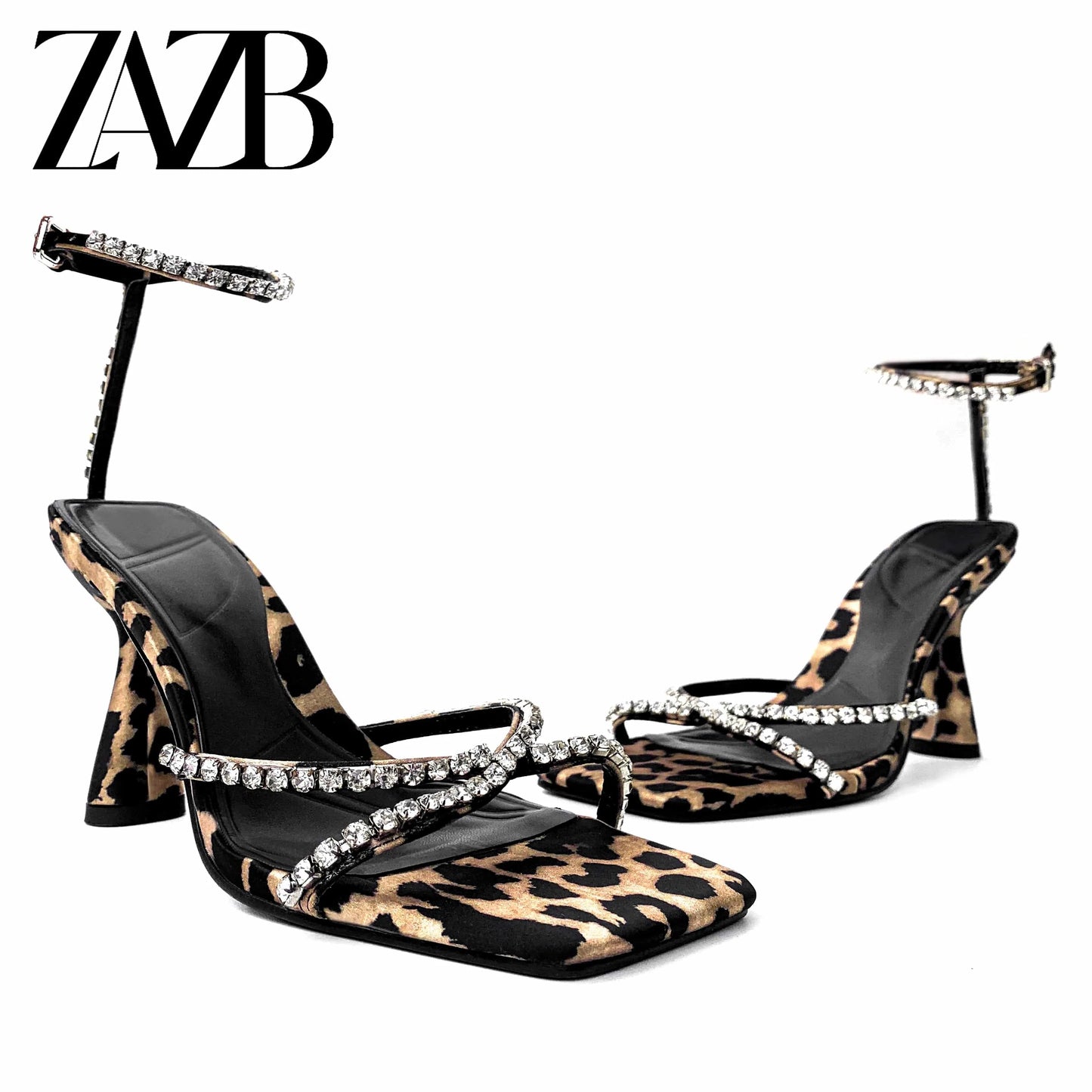 Square head Rhinestone Leopard Print Luxury for ladies high heel shoes women sandal party Pumps sexy stiletto fashion heels