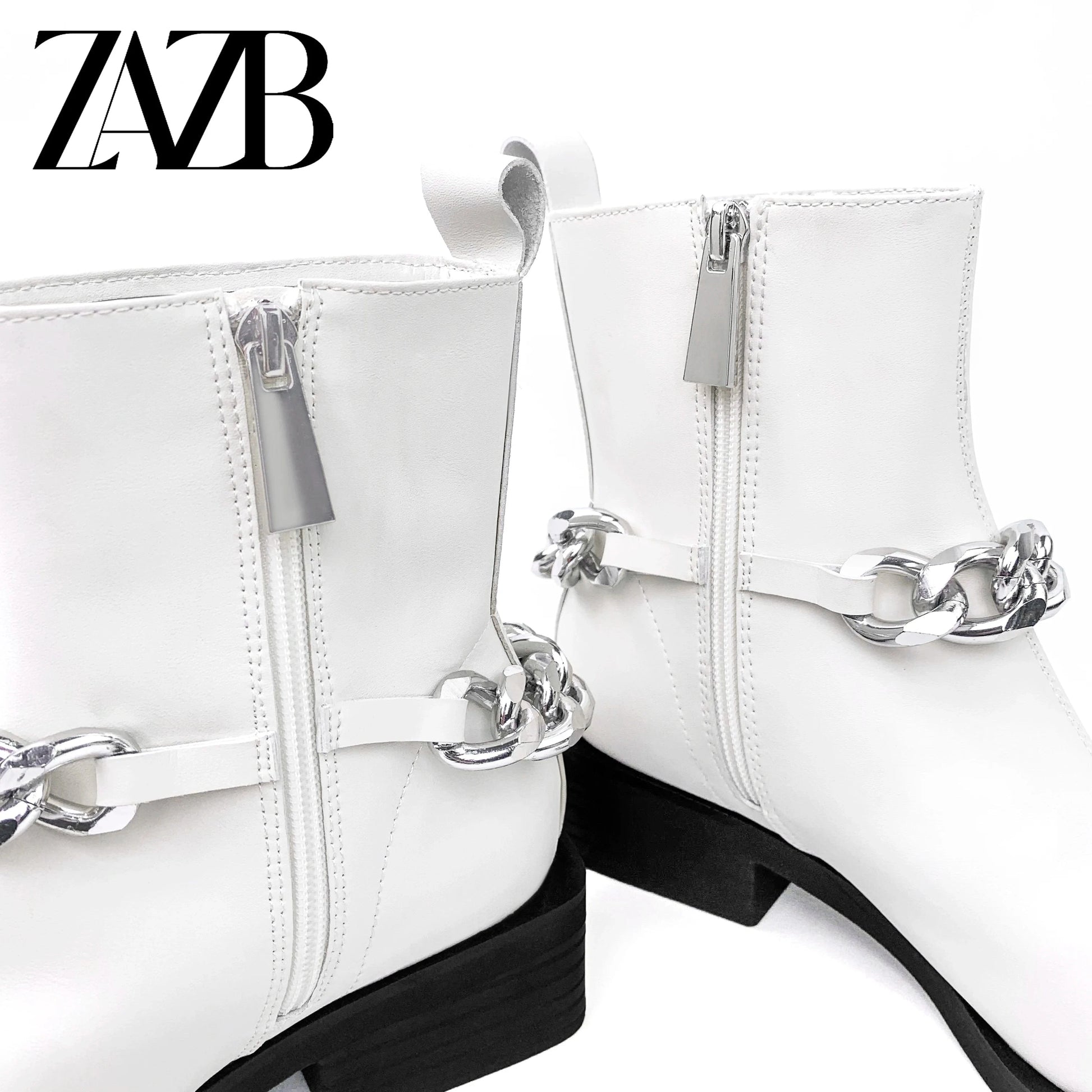 Square head Winter Metal Chain Women Middle cylinder short zipper Martin boots chunky heel ankle leather ladies fashion boots