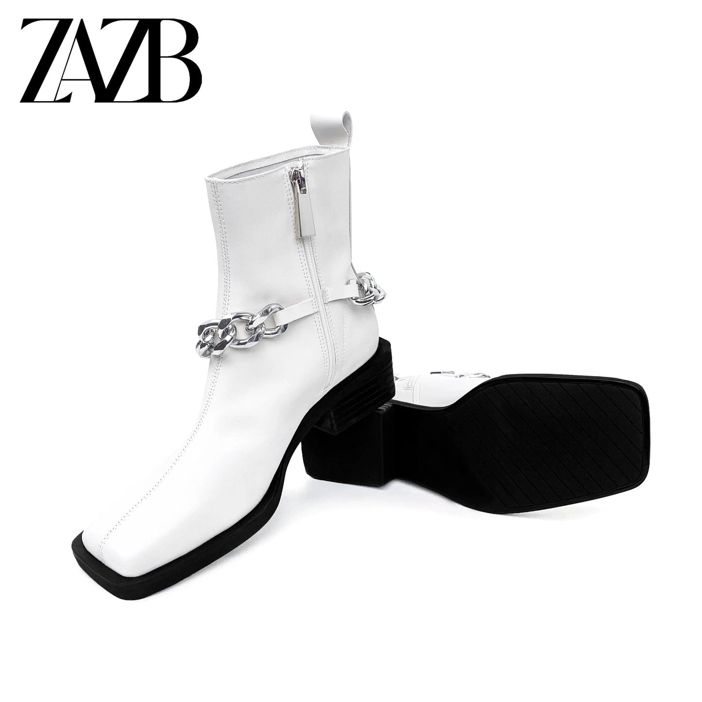 Square head Winter Metal Chain Women Middle cylinder short zipper Martin boots chunky heel ankle leather ladies fashion boots