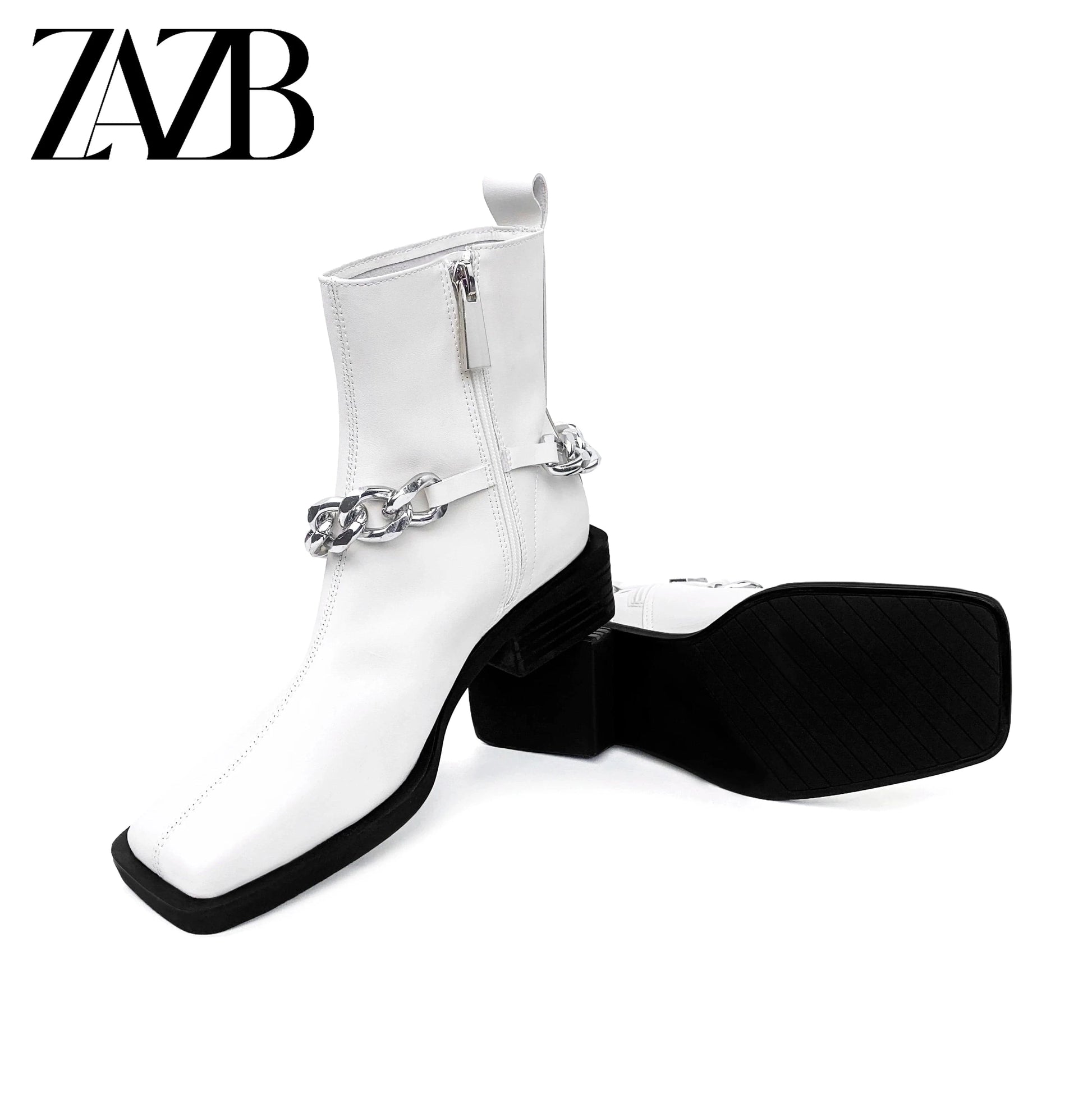 Square head Winter Metal Chain Women Middle cylinder short zipper Martin boots chunky heel ankle leather ladies fashion boots