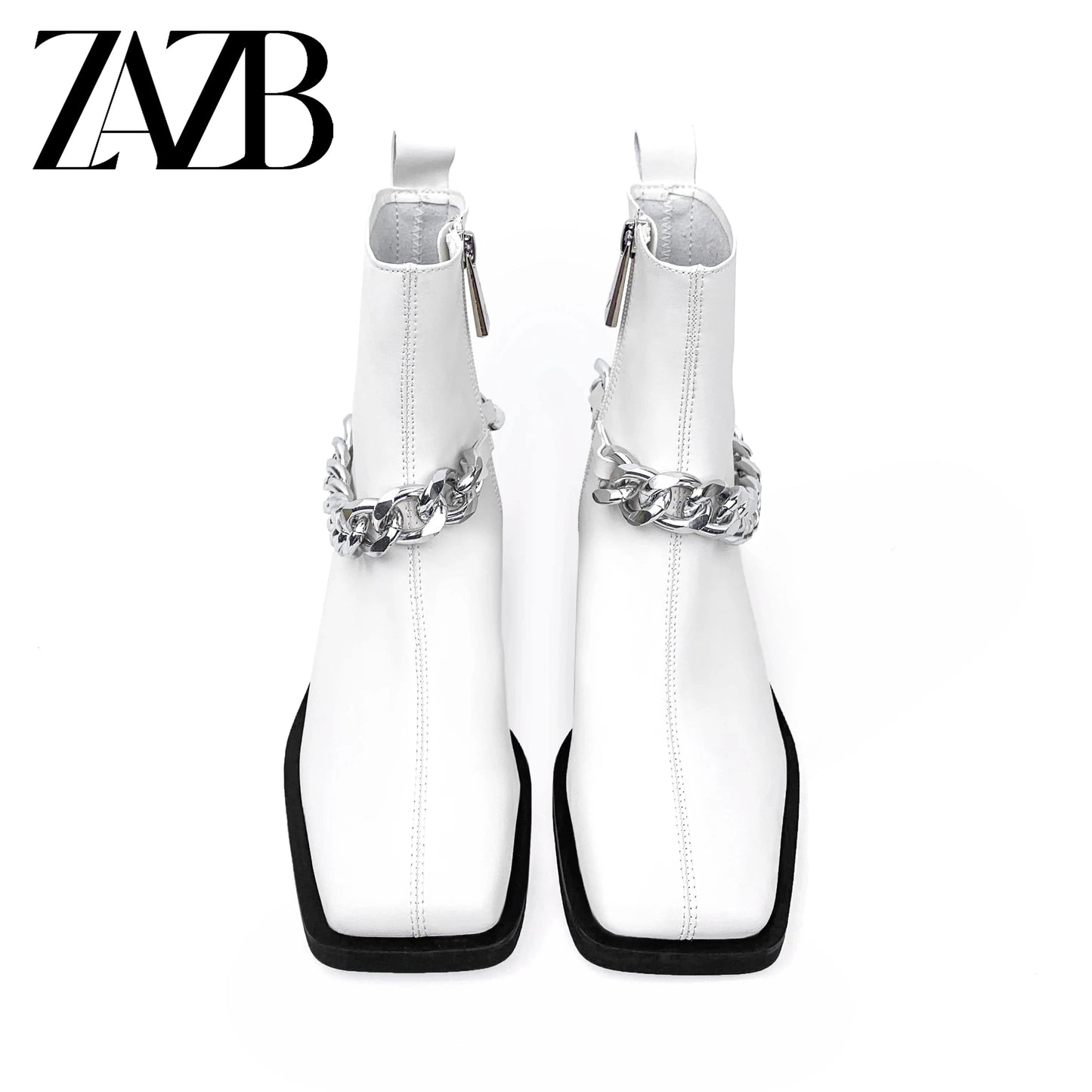 Square head Winter Metal Chain Women Middle cylinder short zipper Martin boots chunky heel ankle leather ladies fashion boots