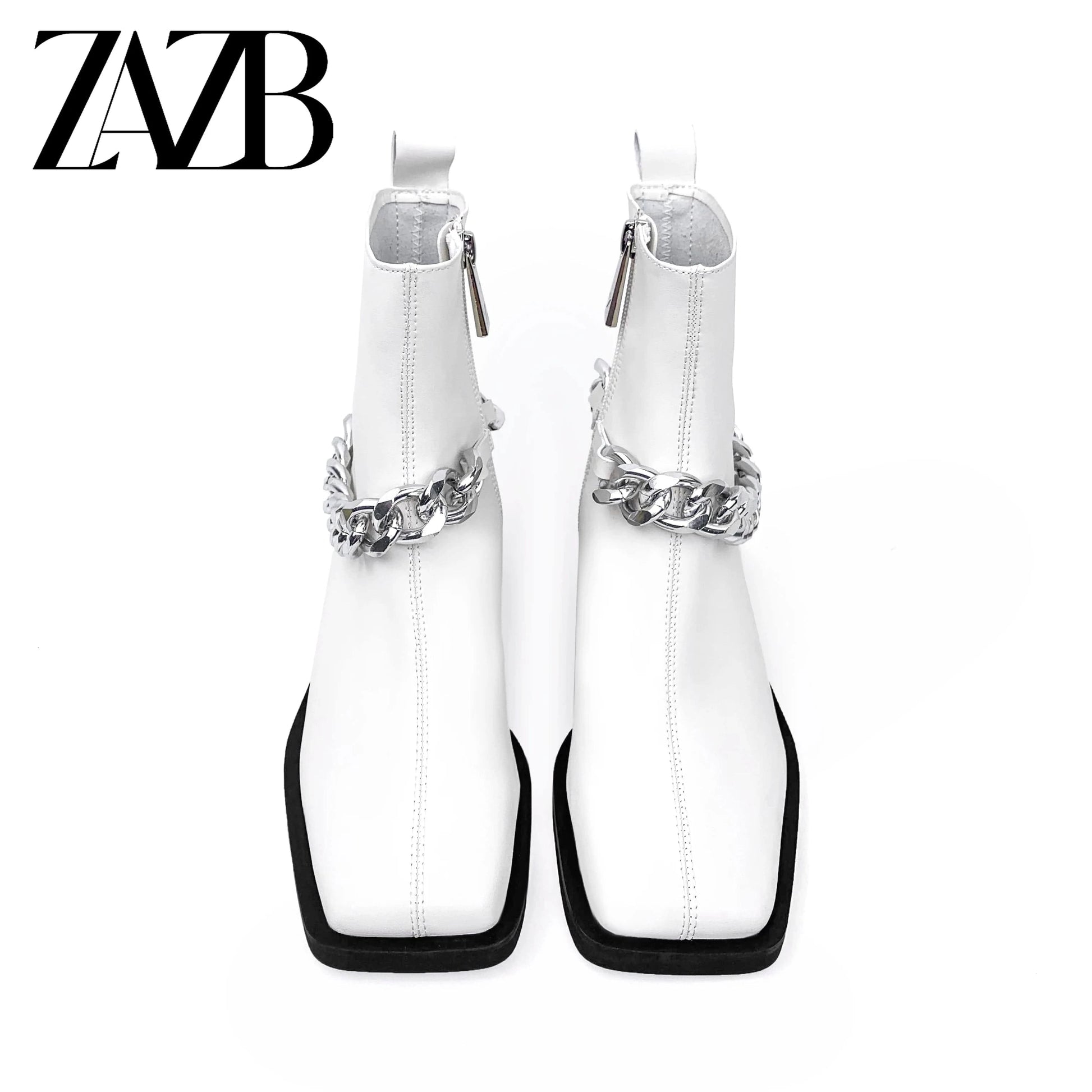 Square head Winter Metal Chain Women Middle cylinder short zipper Martin boots chunky heel ankle leather ladies fashion boots