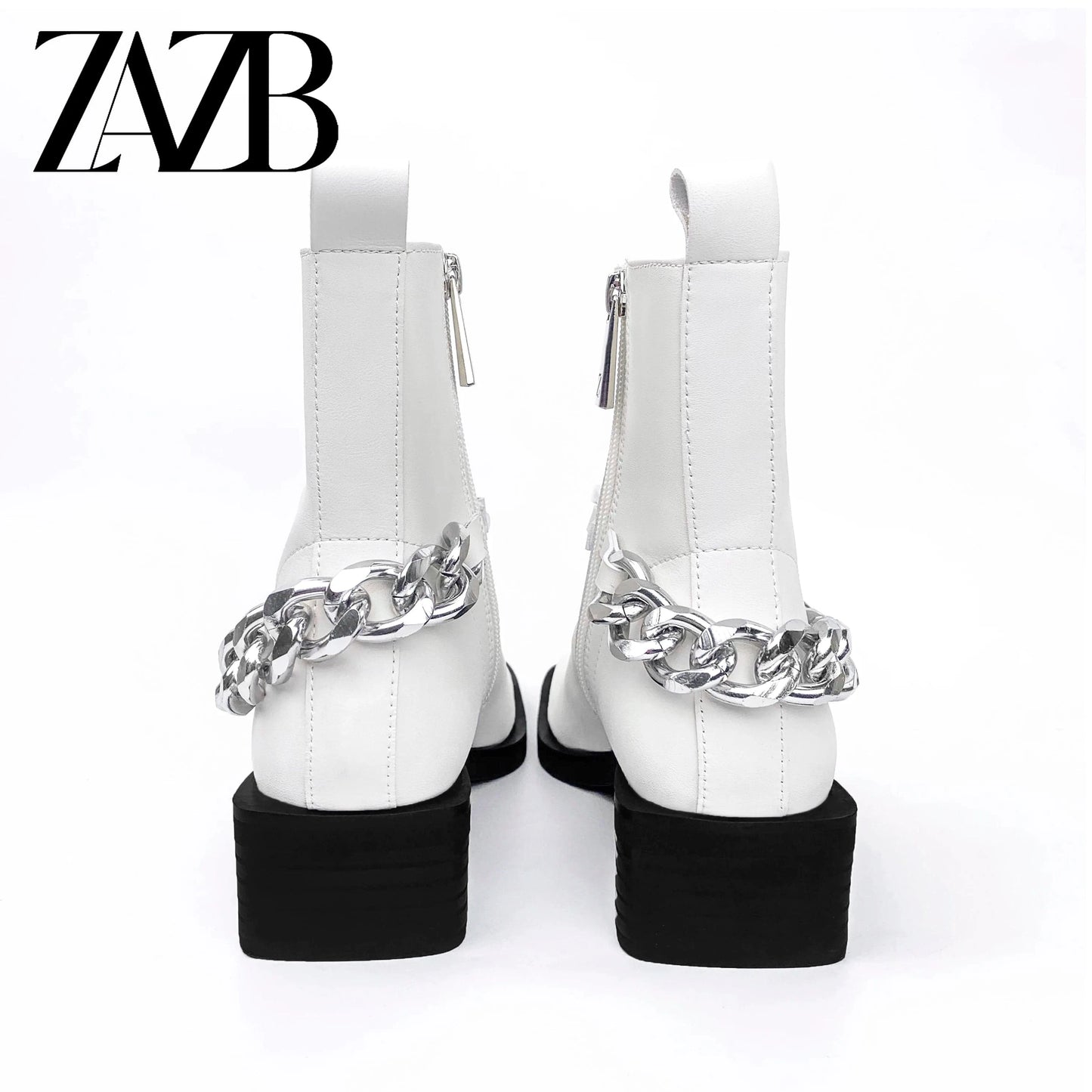 Square head Winter Metal Chain Women Middle cylinder short zipper Martin boots chunky heel ankle leather ladies fashion boots