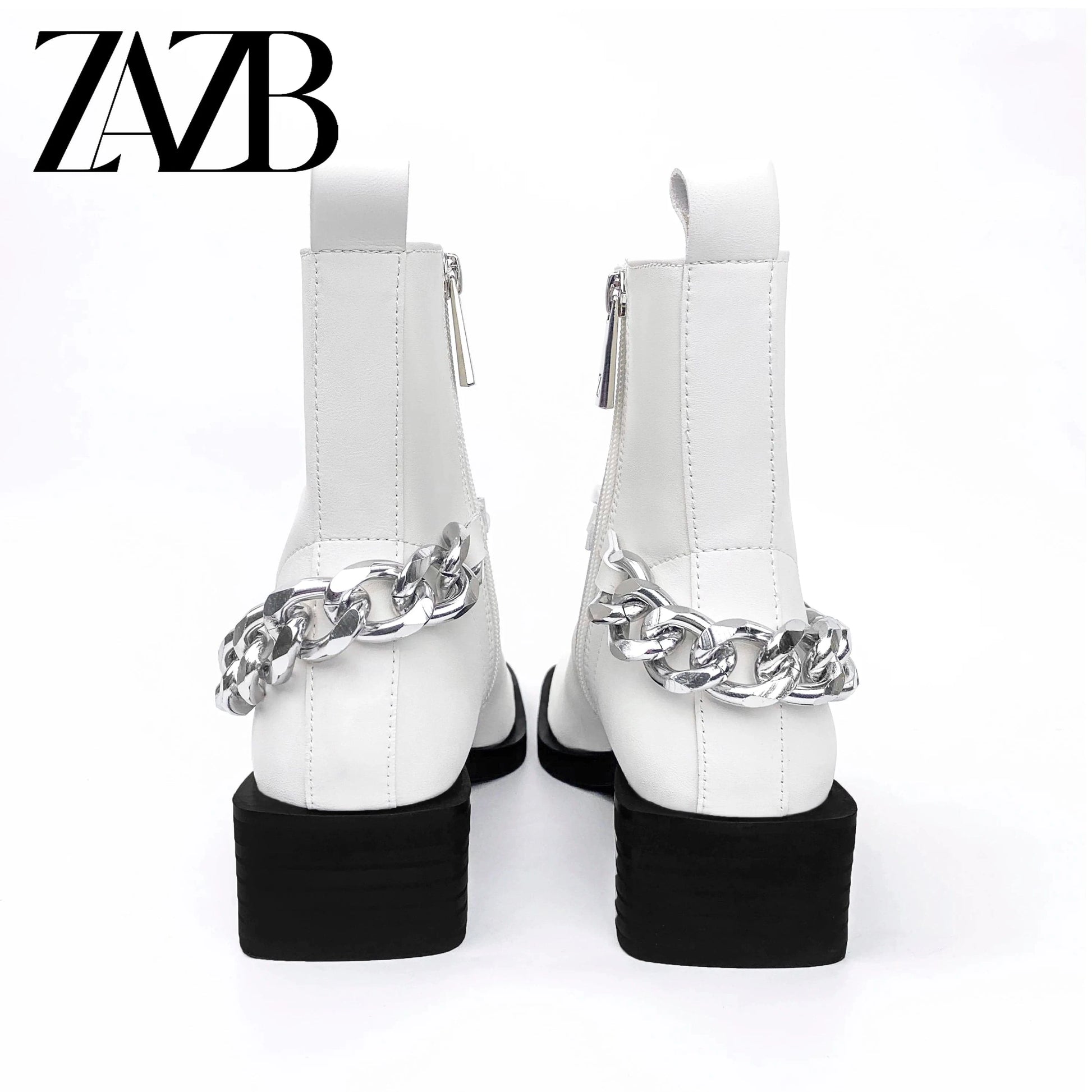 Square head Winter Metal Chain Women Middle cylinder short zipper Martin boots chunky heel ankle leather ladies fashion boots