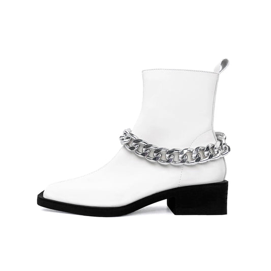 Square head Winter Metal Chain Women Middle cylinder short zipper Martin boots chunky heel ankle leather ladies fashion boots