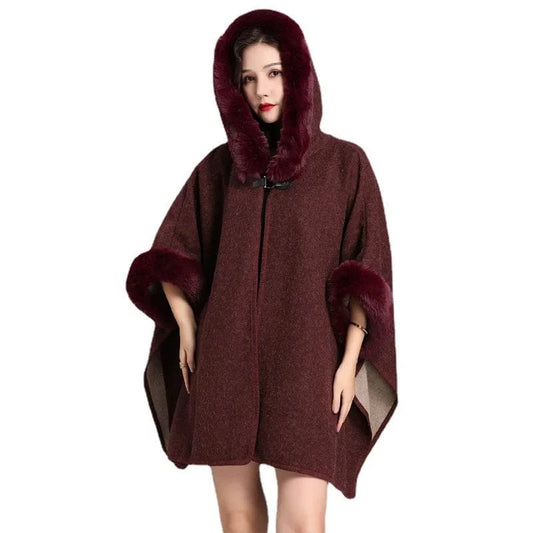 Square Lazy Rabbit Fur Collar Hooded Cape Cloaked Woman Cardigan Mid Length Coat Warm Shawl Poncho Women