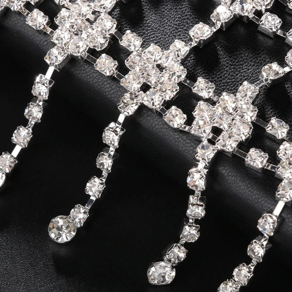 Square Mesh Tassel Rhinestone Chest Chain Harness Women Crystal Bra Chain Underwear Bikini Body Jewelry