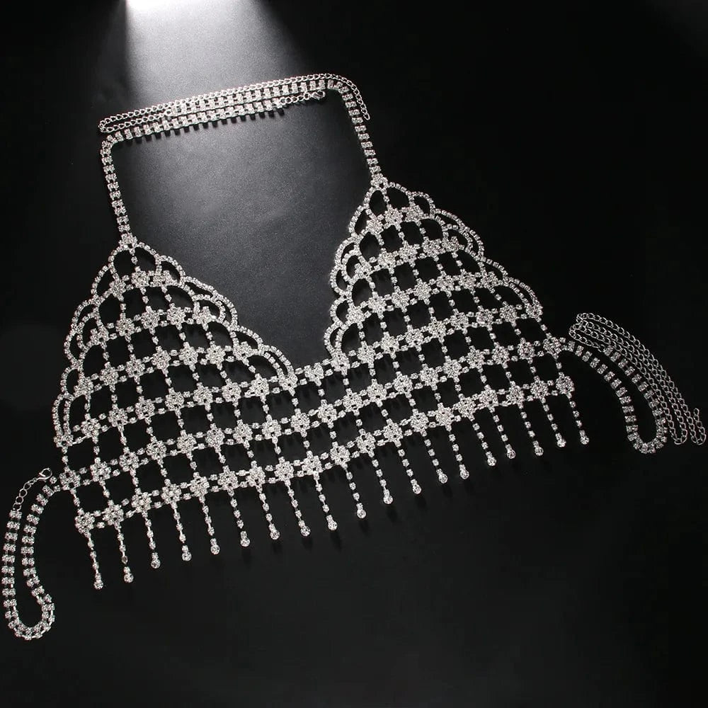 Square Mesh Tassel Rhinestone Chest Chain Harness Women Crystal Bra Chain Underwear Bikini Body Jewelry