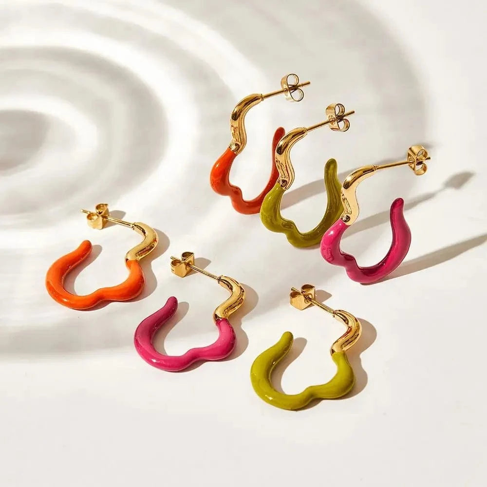 Squiggle Curve Shape Stud Earrings Stainless Steel Irregular Colorful Enamel Charms Hoop Earrings Jewelry Women
