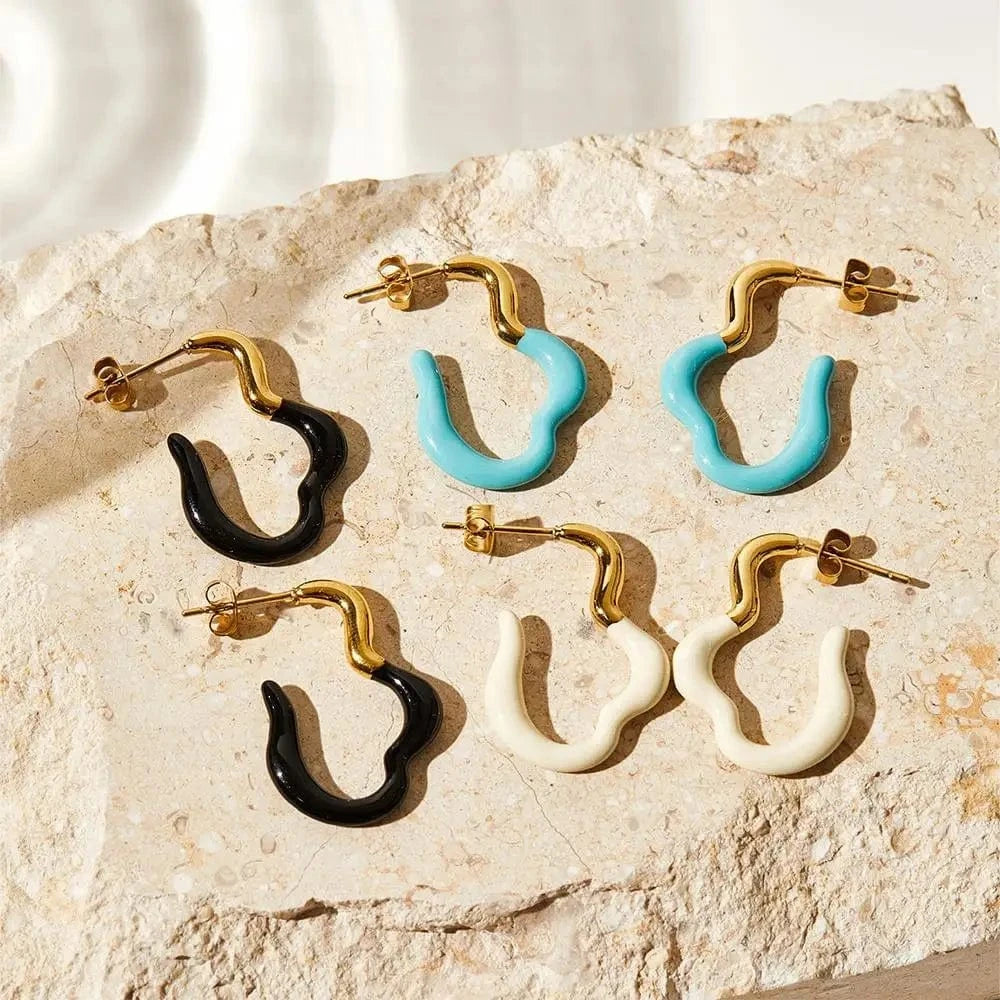 Squiggle Curve Shape Stud Earrings Stainless Steel Irregular Colorful Enamel Charms Hoop Earrings Jewelry Women