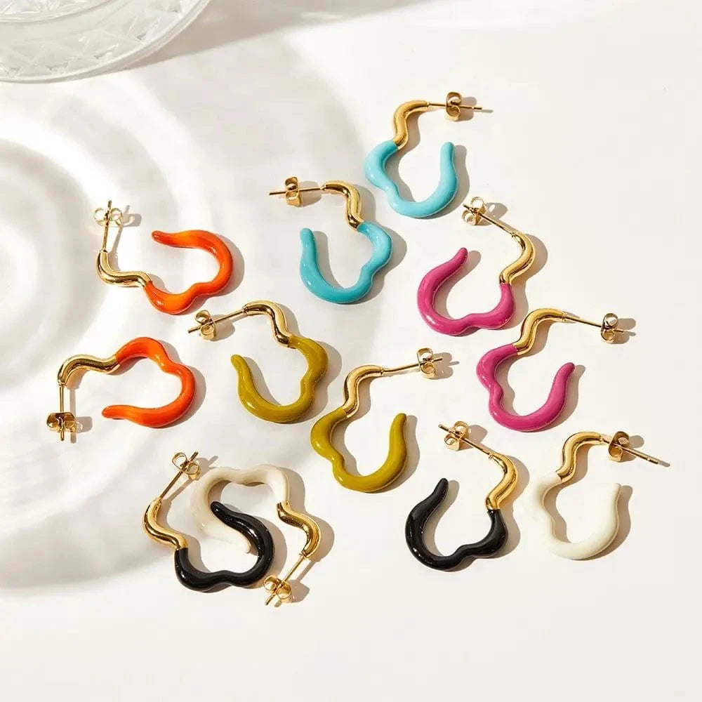 Squiggle Curve Shape Stud Earrings Stainless Steel Irregular Colorful Enamel Charms Hoop Earrings Jewelry Women