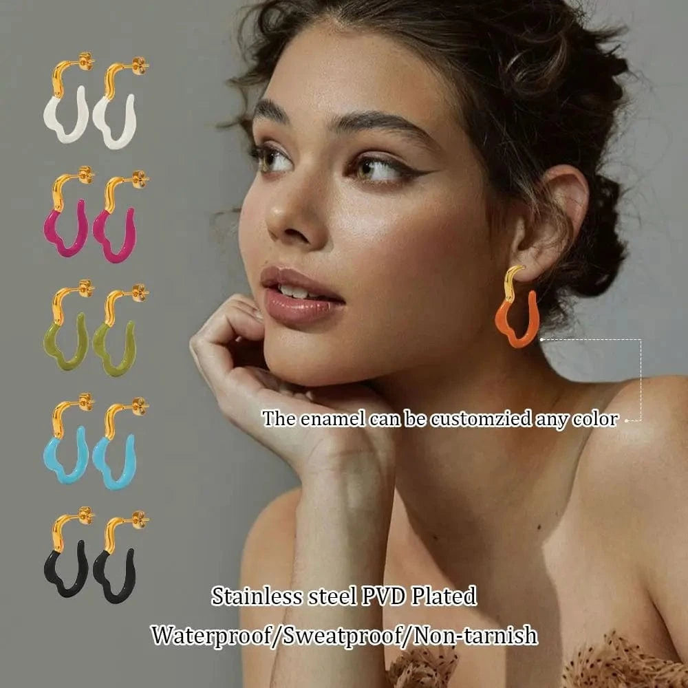 Squiggle Curve Shape Stud Earrings Stainless Steel Irregular Colorful Enamel Charms Hoop Earrings Jewelry Women