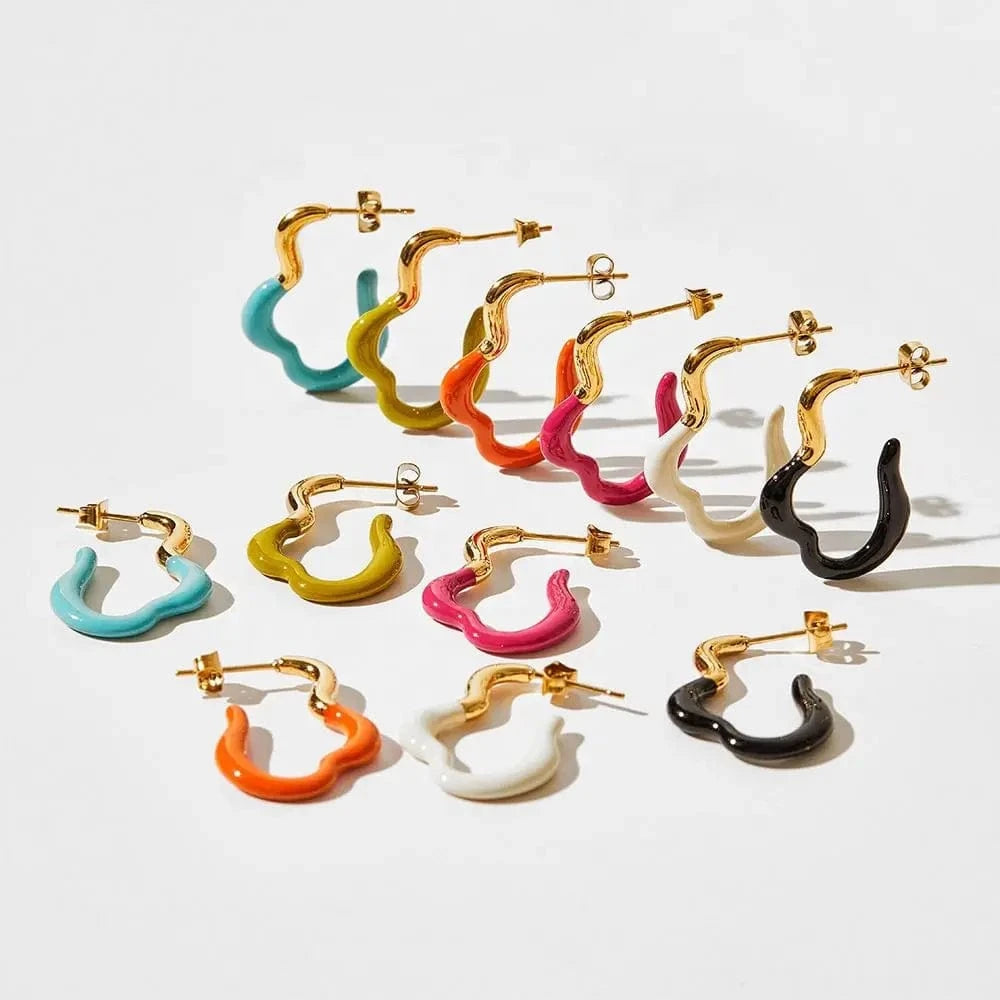 Squiggle Curve Shape Stud Earrings Stainless Steel Irregular Colorful Enamel Charms Hoop Earrings Jewelry Women