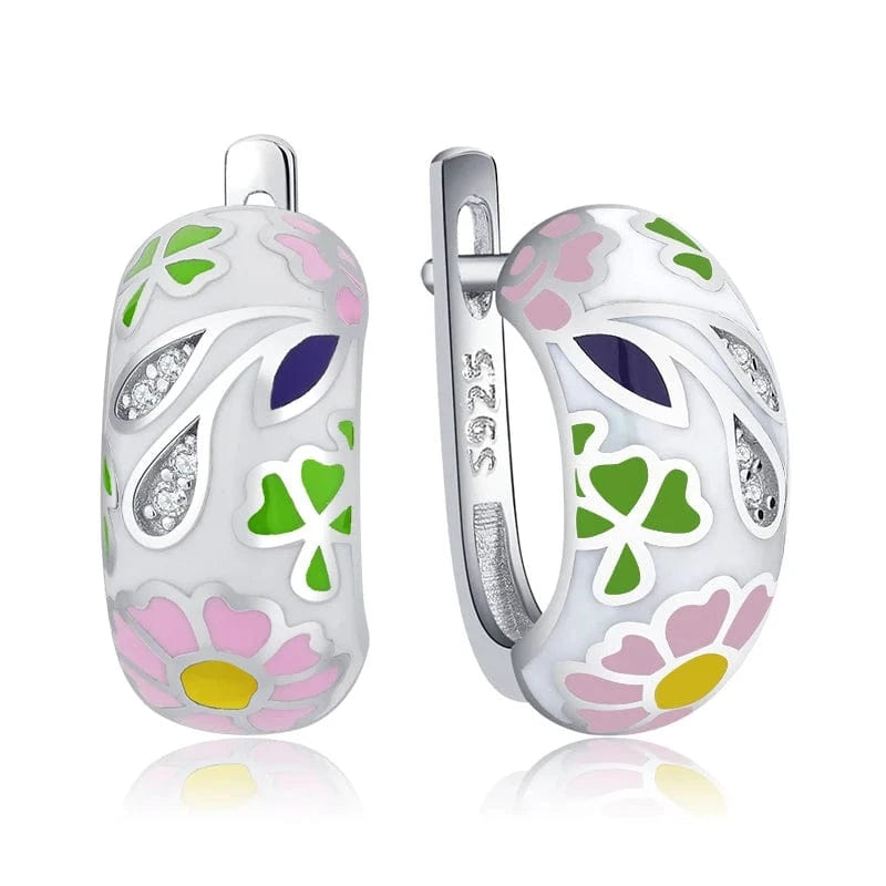 SS25E Fashion Elegant 925 Silver CZ Earrings for Women Handmade Enamel Blue river blooming Flower Pattern Party Earrings Jewelry Gift