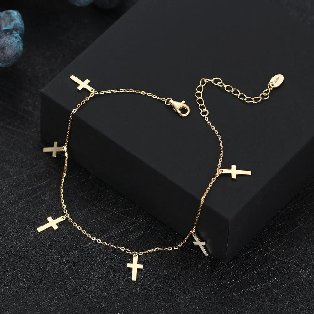SSA22+28 RINNTIN Summer Beach Foot Jewelry 925 Silver 14K Gold Plated Dainty Cross Charm Chain Layered Anklets for Women