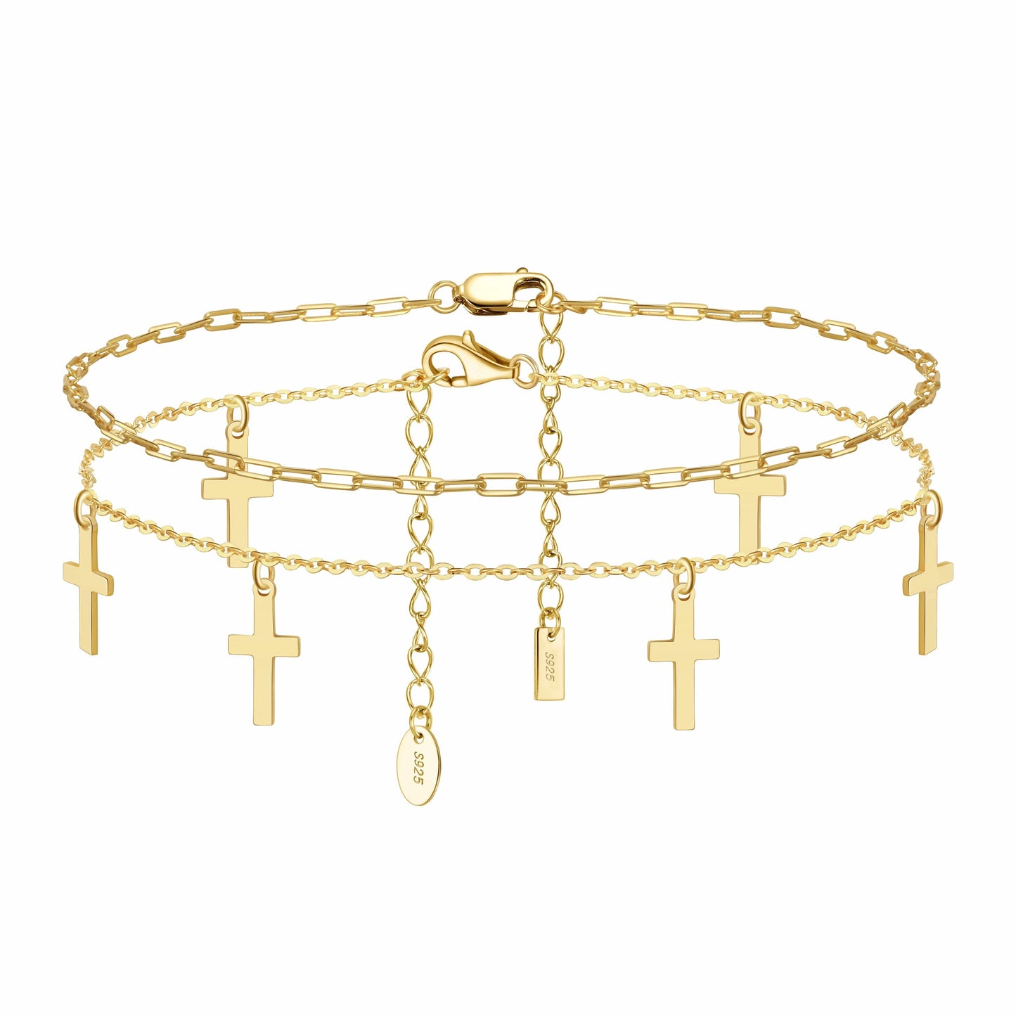 SSA22+28 RINNTIN Summer Beach Foot Jewelry 925 Silver 14K Gold Plated Dainty Cross Charm Chain Layered Anklets for Women