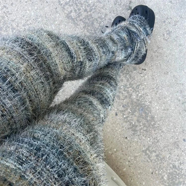 Stacked Furry Pants High Waist  Fashion 2024 Women Winter Trouser Skinny Casual Sexy Club Trouser