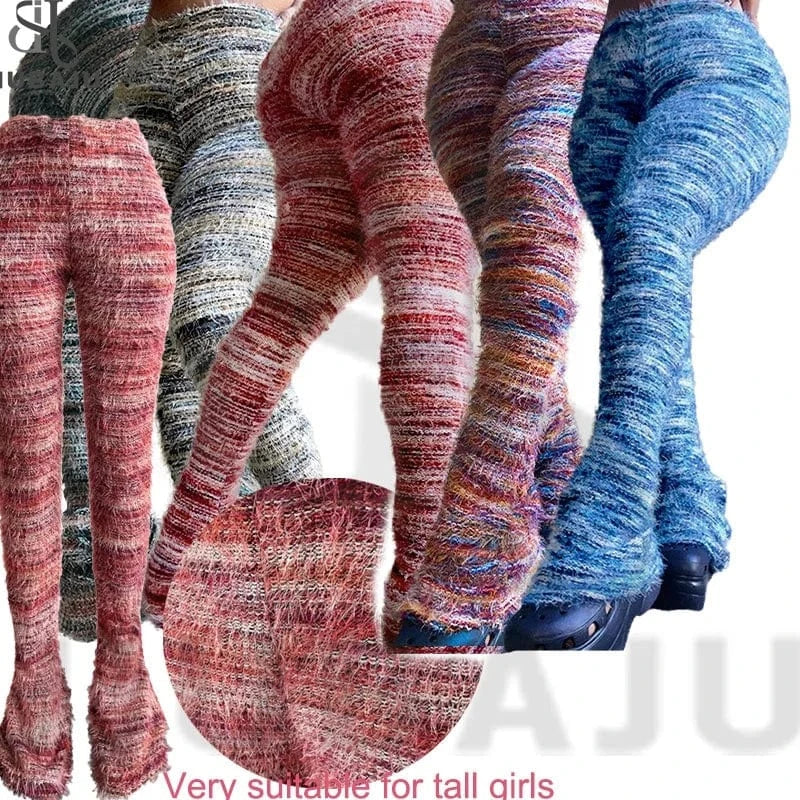 Stacked Furry Pants High Waist  Fashion 2024 Women Winter Trouser Skinny Casual Sexy Club Trouser
