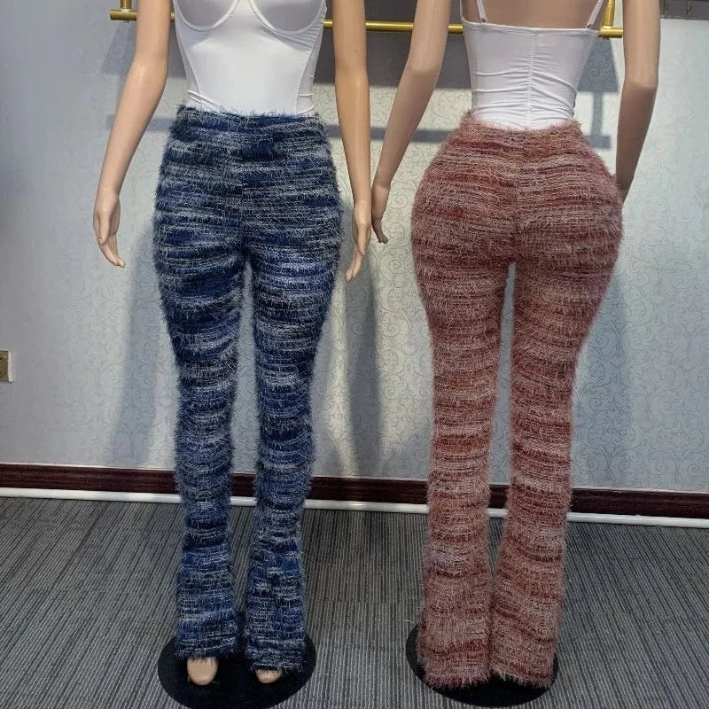 Stacked Furry Pants High Waist  Fashion 2024 Women Winter Trouser Skinny Casual Sexy Club Trouser