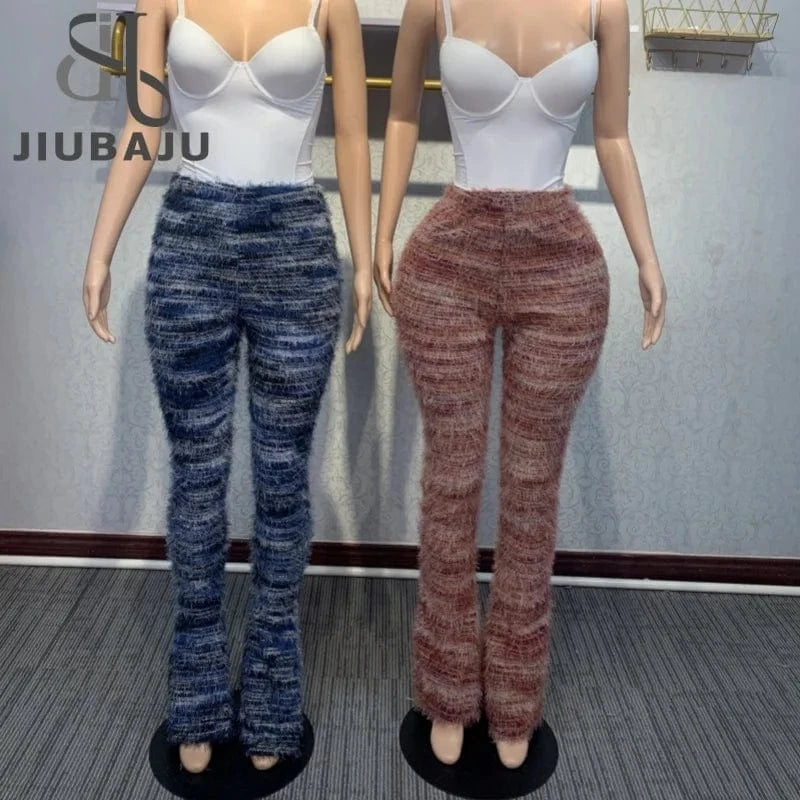 Stacked Furry Pants High Waist  Fashion 2024 Women Winter Trouser Skinny Casual Sexy Club Trouser