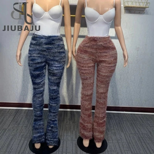 Stacked Furry Pants High Waist  Fashion 2024 Women Winter Trouser Skinny Casual Sexy Club Trouser