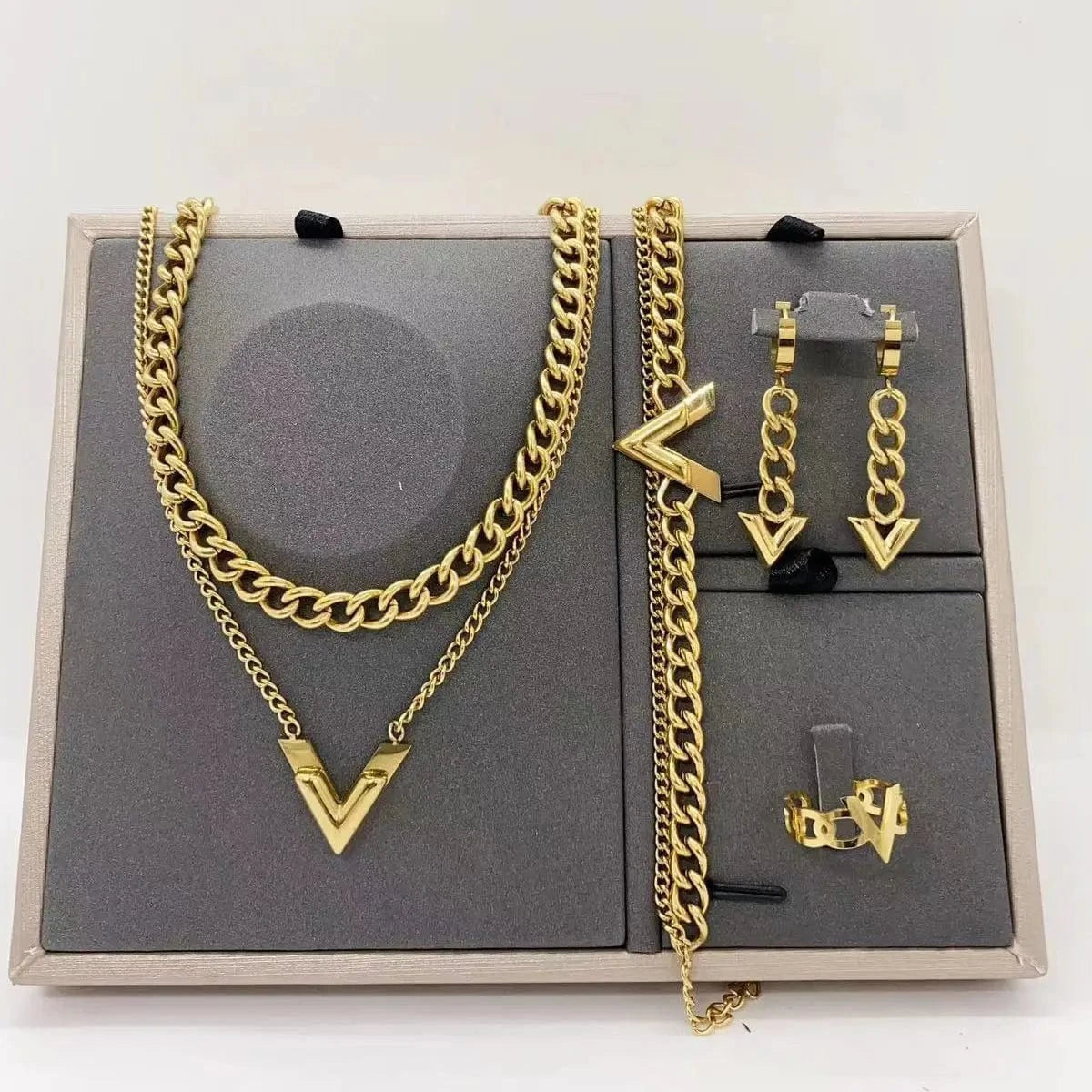 Stainless steel / 1# New Arrival 18K Gold Plated Stainless Steel Designer Jewelry Cuban Letter Necklace Bracelet Luxury Jewelry Set for Women