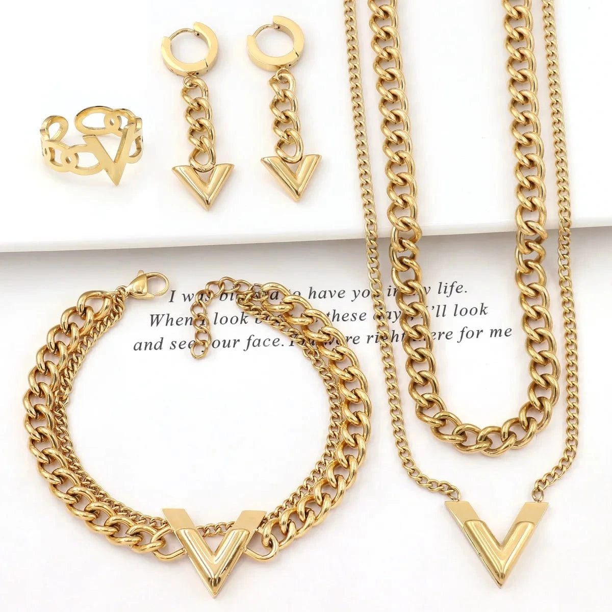 Stainless steel / 1# New Arrival 18K Gold Plated Stainless Steel Designer Jewelry Cuban Letter Necklace Bracelet Luxury Jewelry Set for Women