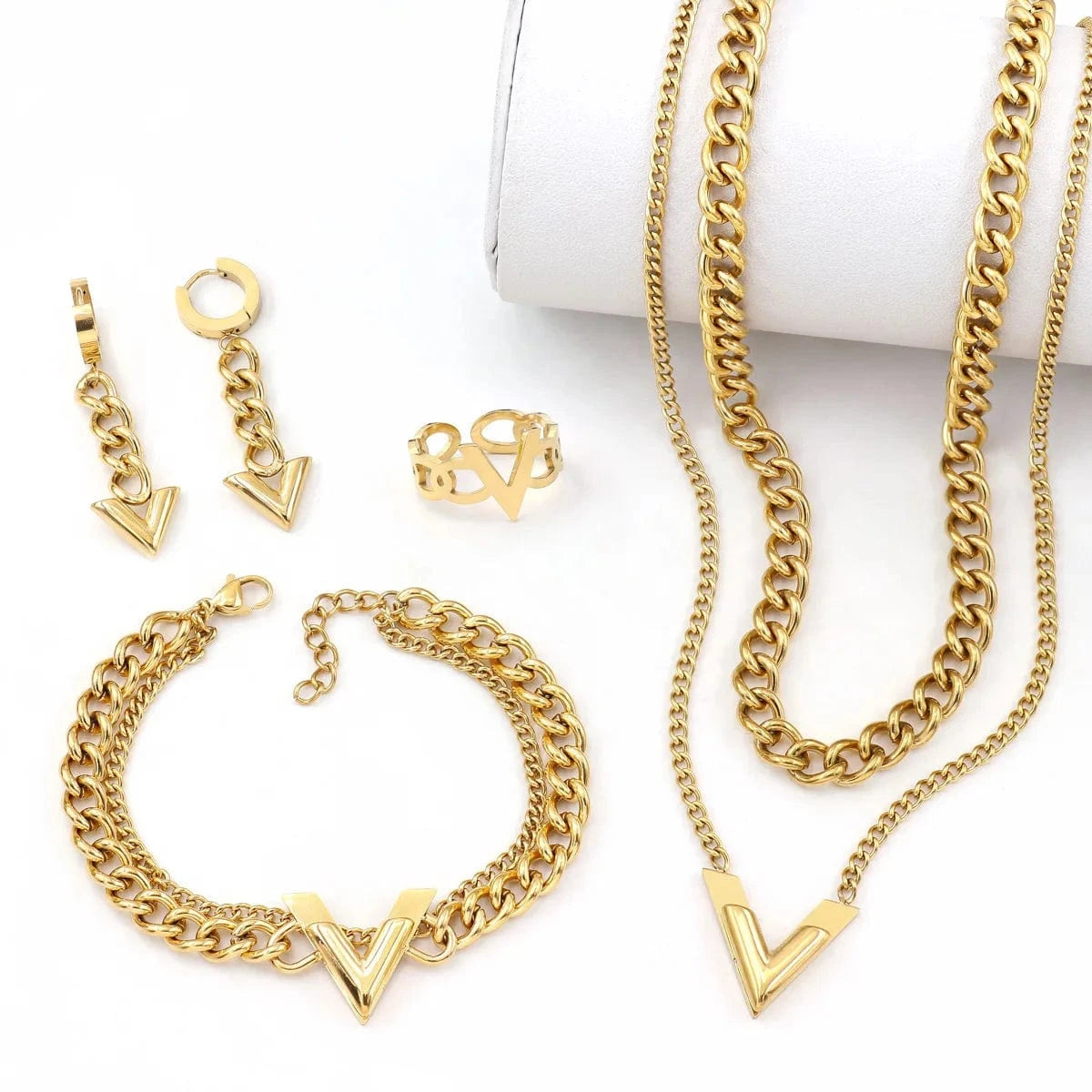 Stainless steel / 1# New Arrival 18K Gold Plated Stainless Steel Designer Jewelry Cuban Letter Necklace Bracelet Luxury Jewelry Set for Women