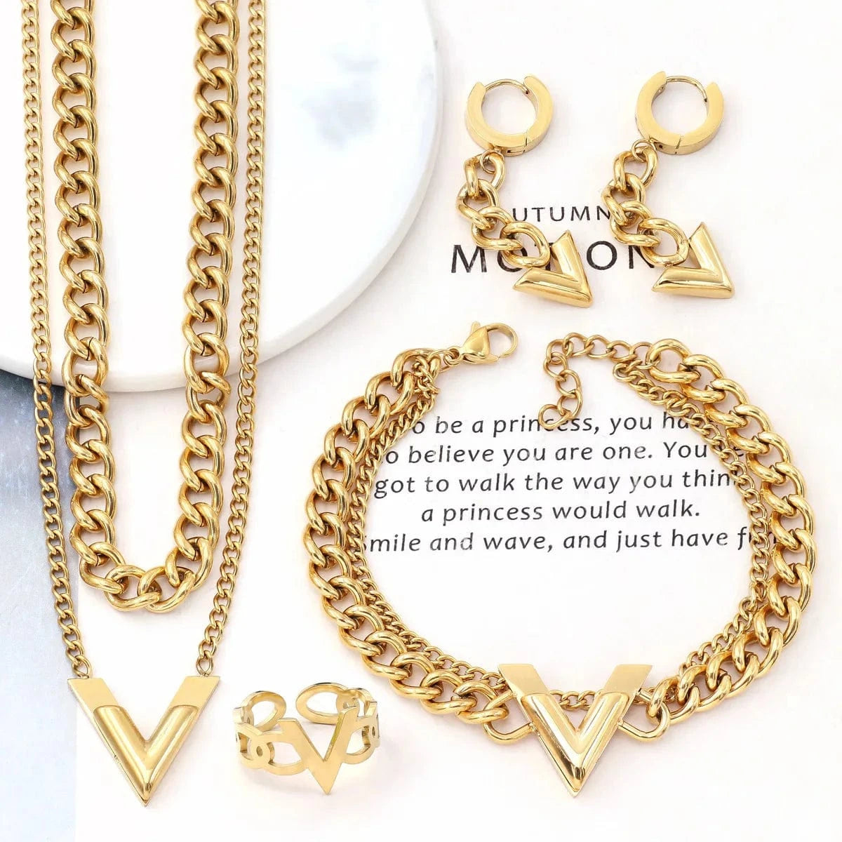 Stainless steel / 1# New Arrival 18K Gold Plated Stainless Steel Designer Jewelry Cuban Letter Necklace Bracelet Luxury Jewelry Set for Women