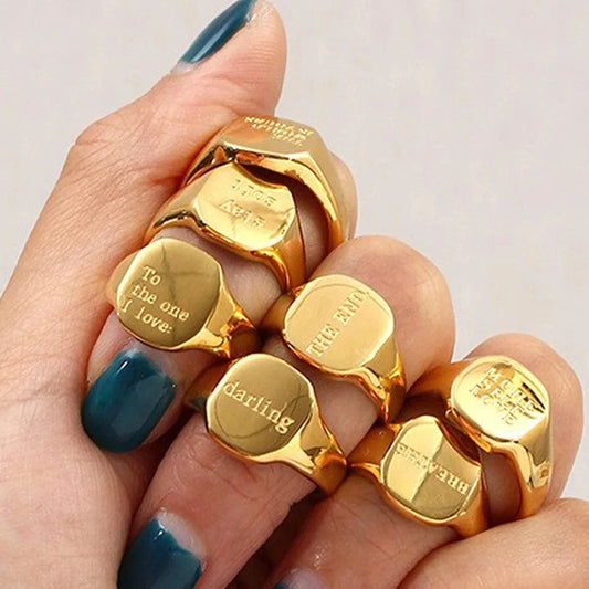 Stainless Steel Engraved English Letter Rings for Women Men 18K Gold PVD Plated Waterproof Sweet Words Rings Wholesale Bulk