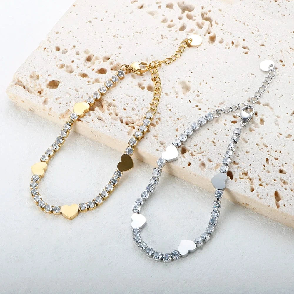 Stainless Steel Jewelry for Women Stainless Steel Crystal Heart Pendant Cubic Zirconia 18K Gold Plated Tennis Chain Bracelet