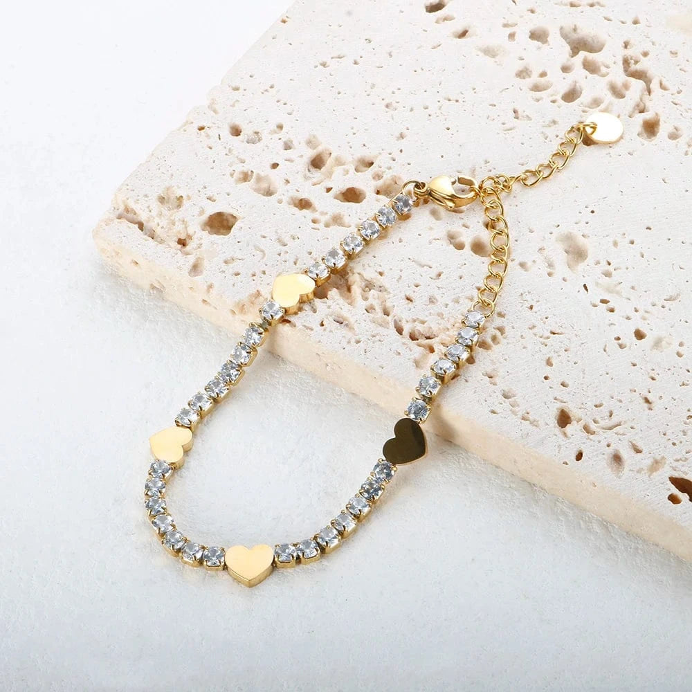 Stainless Steel Jewelry for Women Stainless Steel Crystal Heart Pendant Cubic Zirconia 18K Gold Plated Tennis Chain Bracelet