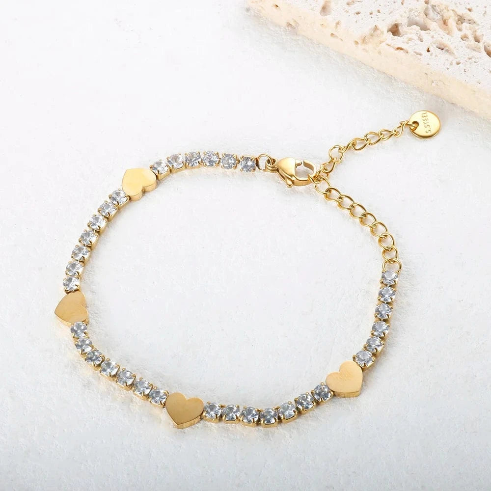Stainless Steel Jewelry for Women Stainless Steel Crystal Heart Pendant Cubic Zirconia 18K Gold Plated Tennis Chain Bracelet